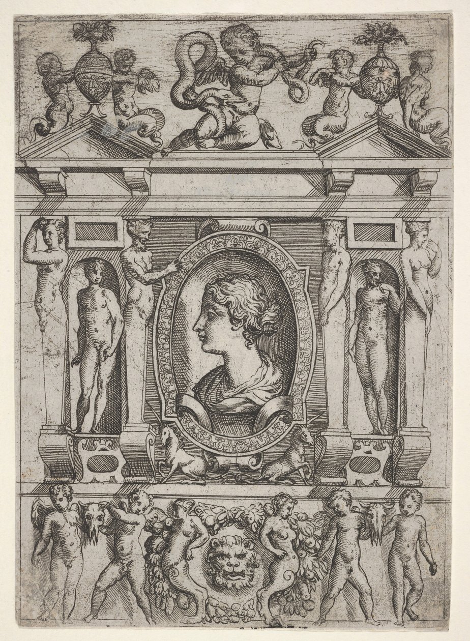 Busto di una donna di profilo rivolto a sinistra, inserito in una cornice elaborata con figure, ca. 1540-80 da Battista del Moro