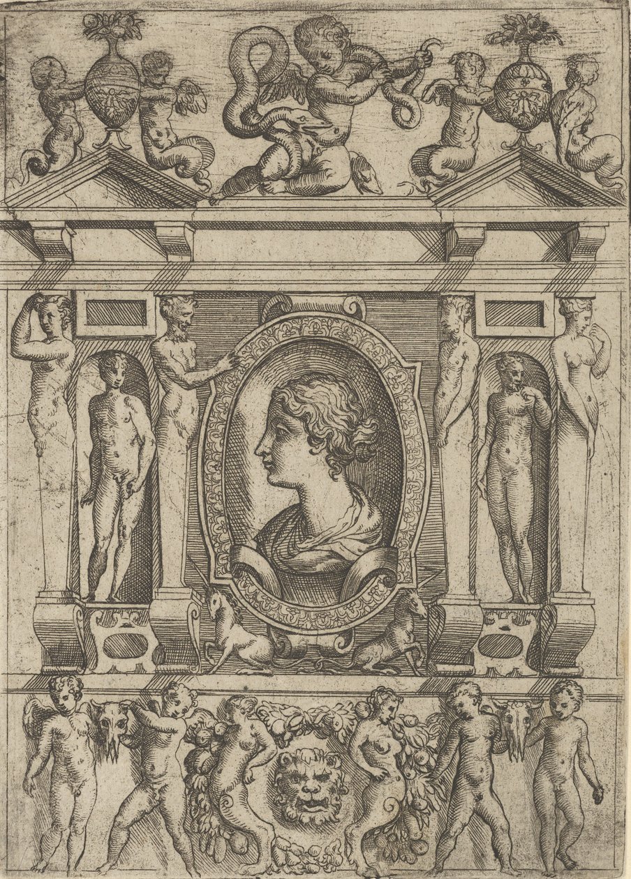 Busto di una donna di profilo rivolta a sinistra, in una cornice elaborata con figure da Battista del Moro