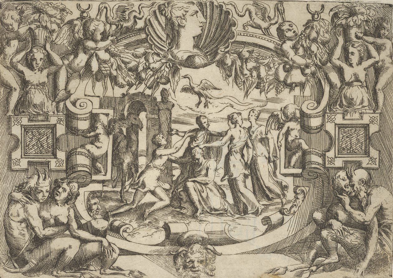 Quattro donne che circondano una figura seduta, un uccello sopra di loro, inserite in un elaborato... da Battista del Moro