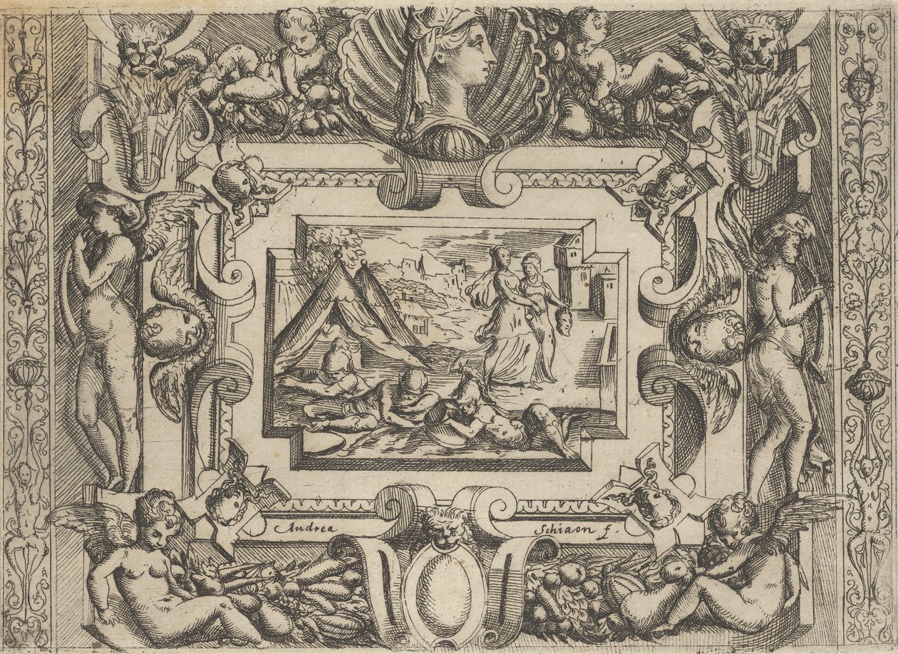 Giuditta e ancella con la testa di Oloferne, inserita in una cornice elaborata, c. 1540-1580 da Battista del Moro
