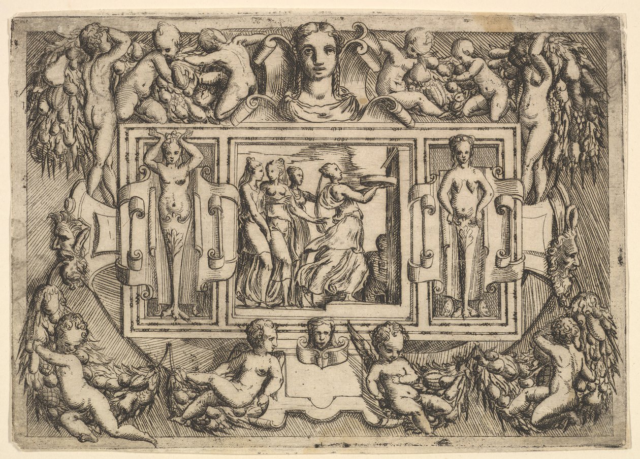 La sibilla cumana cammina verso destra e porta un vassoio, seguita da tre donne da Battista del Moro