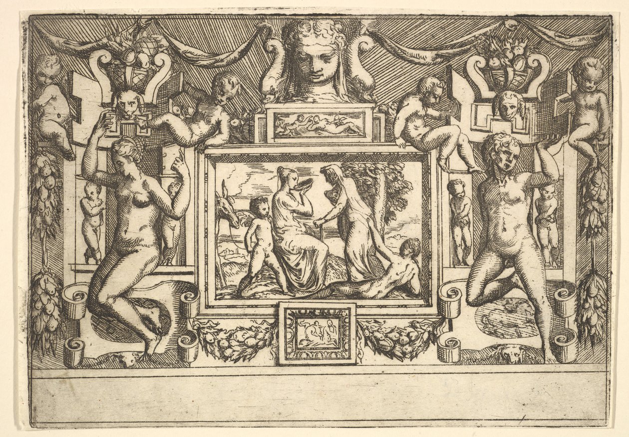 Giovane donna che beve da una ciotola, una vecchia donna davanti a lei, ambientata in..., ca. 1540-80 da Battista del Moro