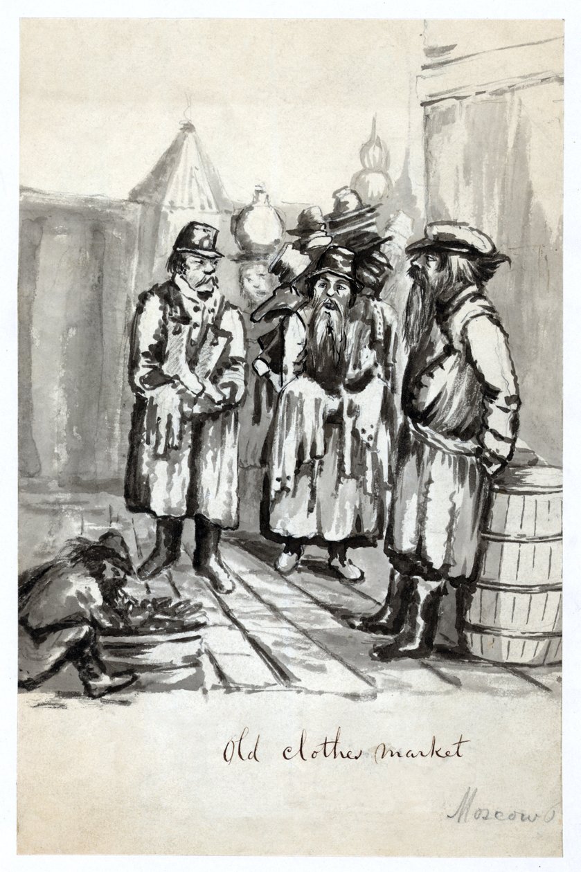 Mercato dei vestiti usati, Mosca, pubblicato c.1862 da Bayard Taylor