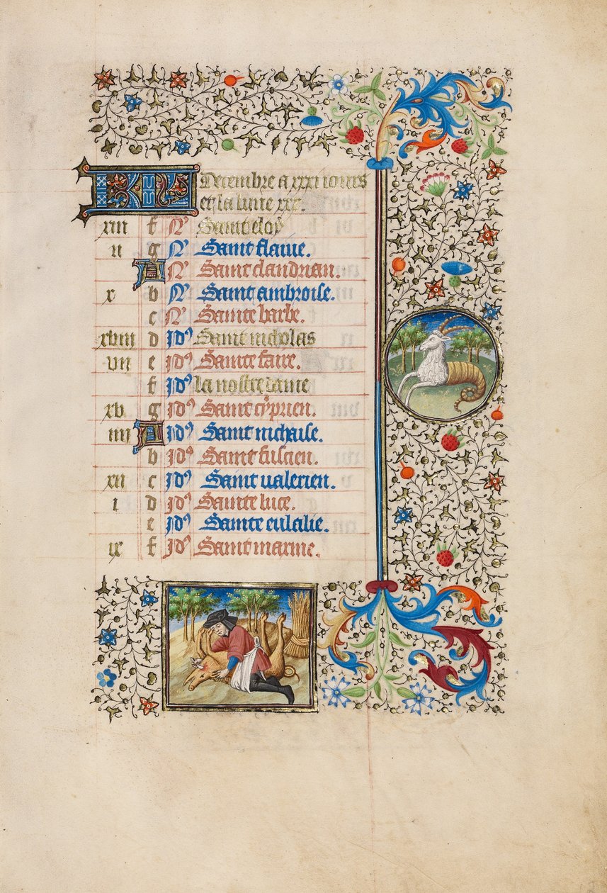 Pagina del calendario di dicembre; Macellare un maiale; Capricorno da Bedford Master
