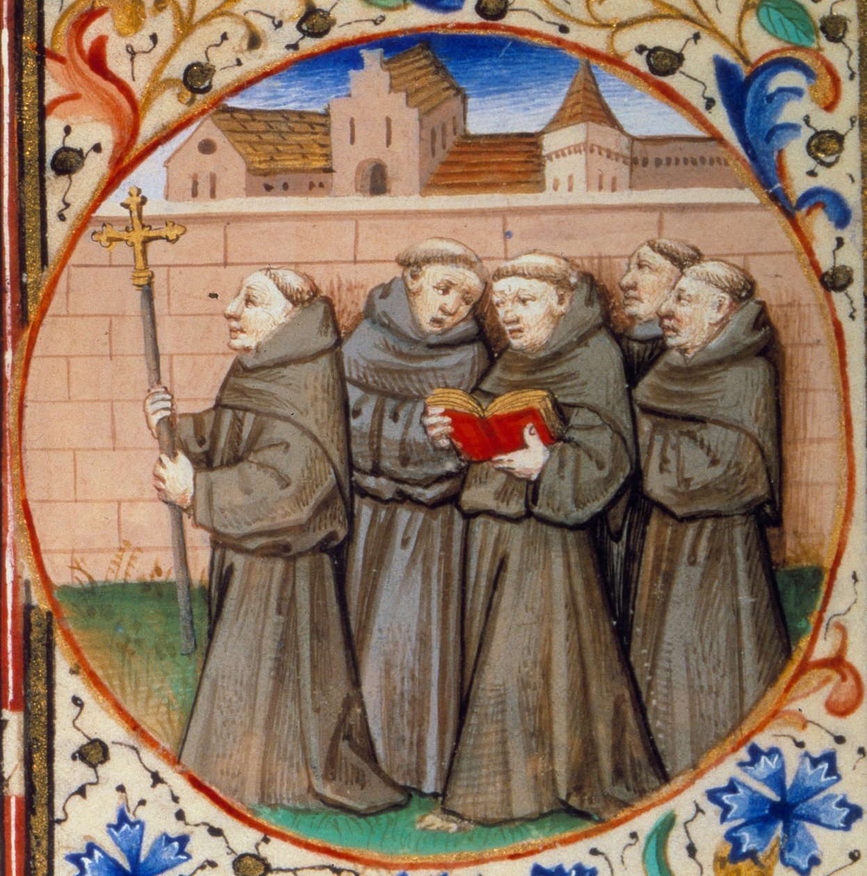 Szene des klösterlichen Lebens. Detail, das Mönche des Franziskanerordens darstellt. Miniatur aus dem „Stundenbuch nach dem Gebrauch von Paris“ von Bedford Master Workshop