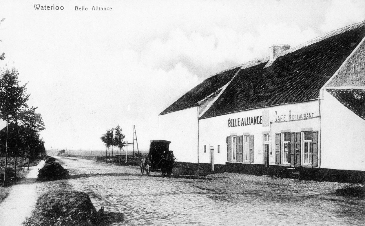 La locanda Belle Alliance, quartier generale di Napoleone durante la battaglia di Waterloo, cartolina commemorativa c.1912 da Belgian Photographer