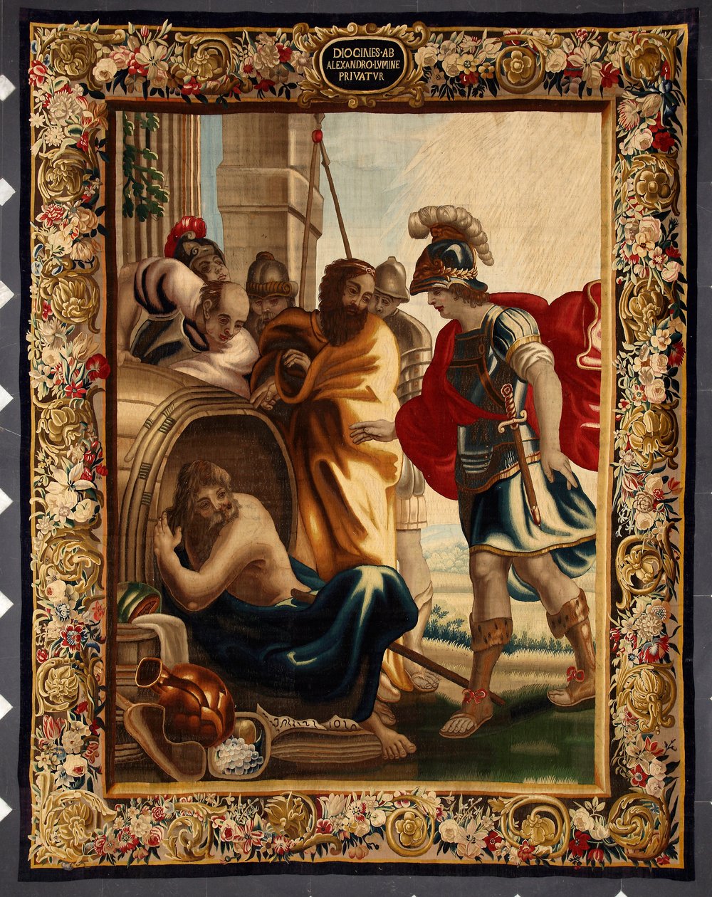 Diogene e Alessandro: incontro tra il filosofo greco Diogene di Sinope (413-327 a.C.) nella sua botte e il re Alessandro Magno (356-323 a.C.) a Corinto. Quando il conquistatore gli chiese cosa volesse, Diogene rispose: "Togliti un po