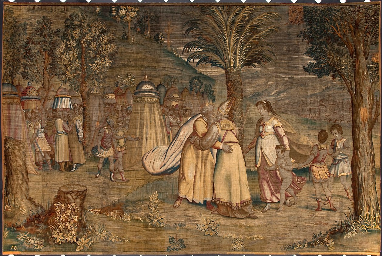Jethro accompagnato da sua figlia Sephora e dai suoi figli incontra Mosè Arazzo di Dionys Martensz dopo i cartoni di Luca Cambiaso (1527-1584) prodotto dalle manifatture di Bruxelles da Belgian School