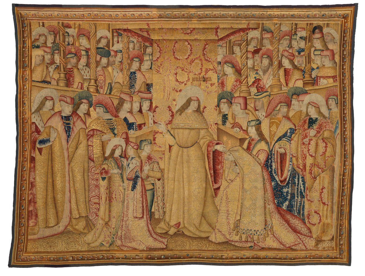 Arazzo, Gionata Maccabeo riceve una veste viola, realizzato a Bruxelles, Belgio, circa 1490-1500 da Belgian School