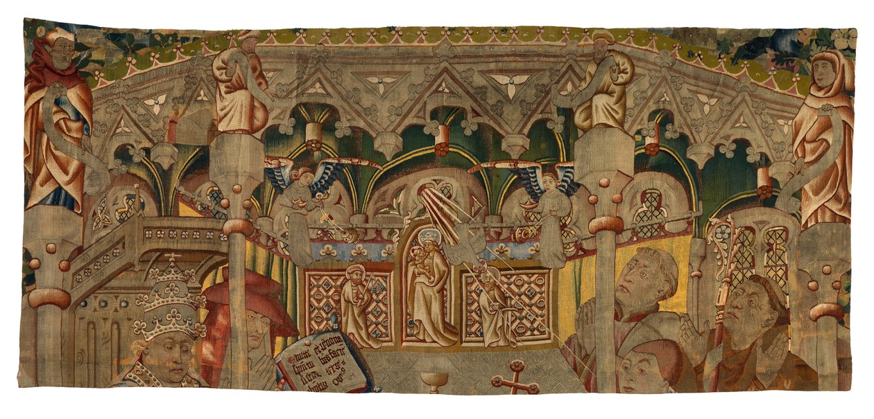 Frammento di arazzo, raffigurante un Miracolo del Santissimo Sacramento, realizzato a Tournai, Belgio da Belgian School