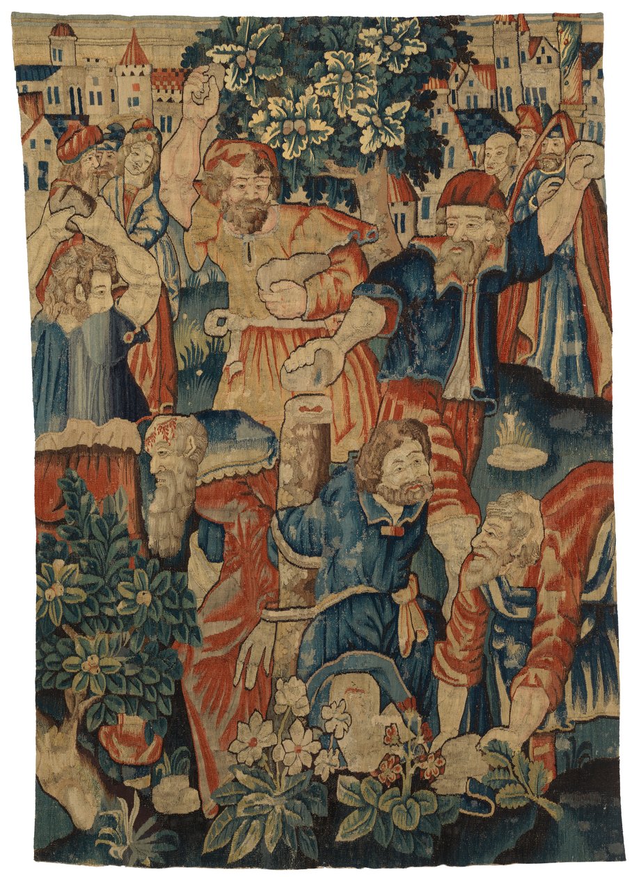 Frammento di arazzo raffigurante la Lapidazione degli Anziani, realizzato possibilmente a Bruxelles, Belgio da Belgian School