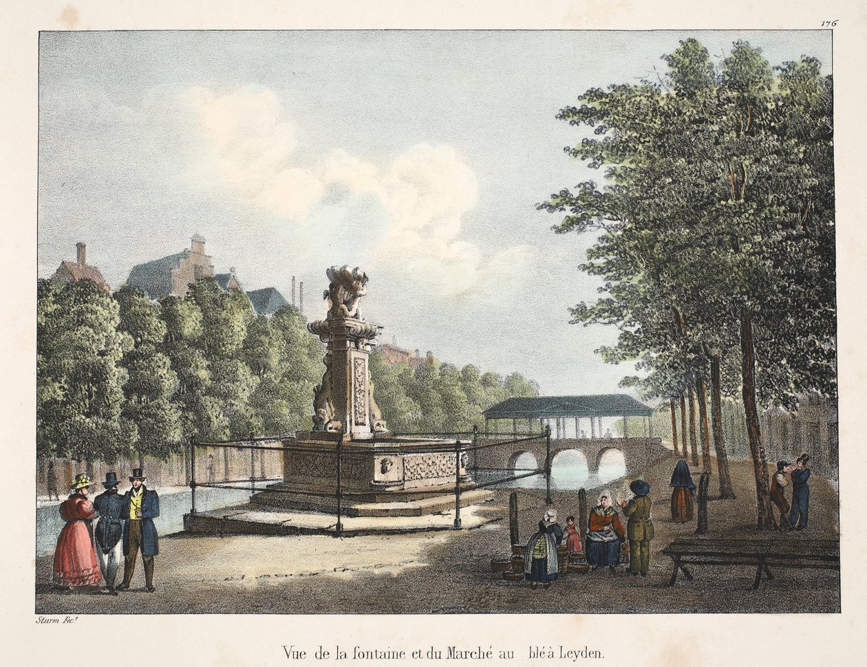 Vista della fontana e del mercato del grano a Leyden da Belgian School