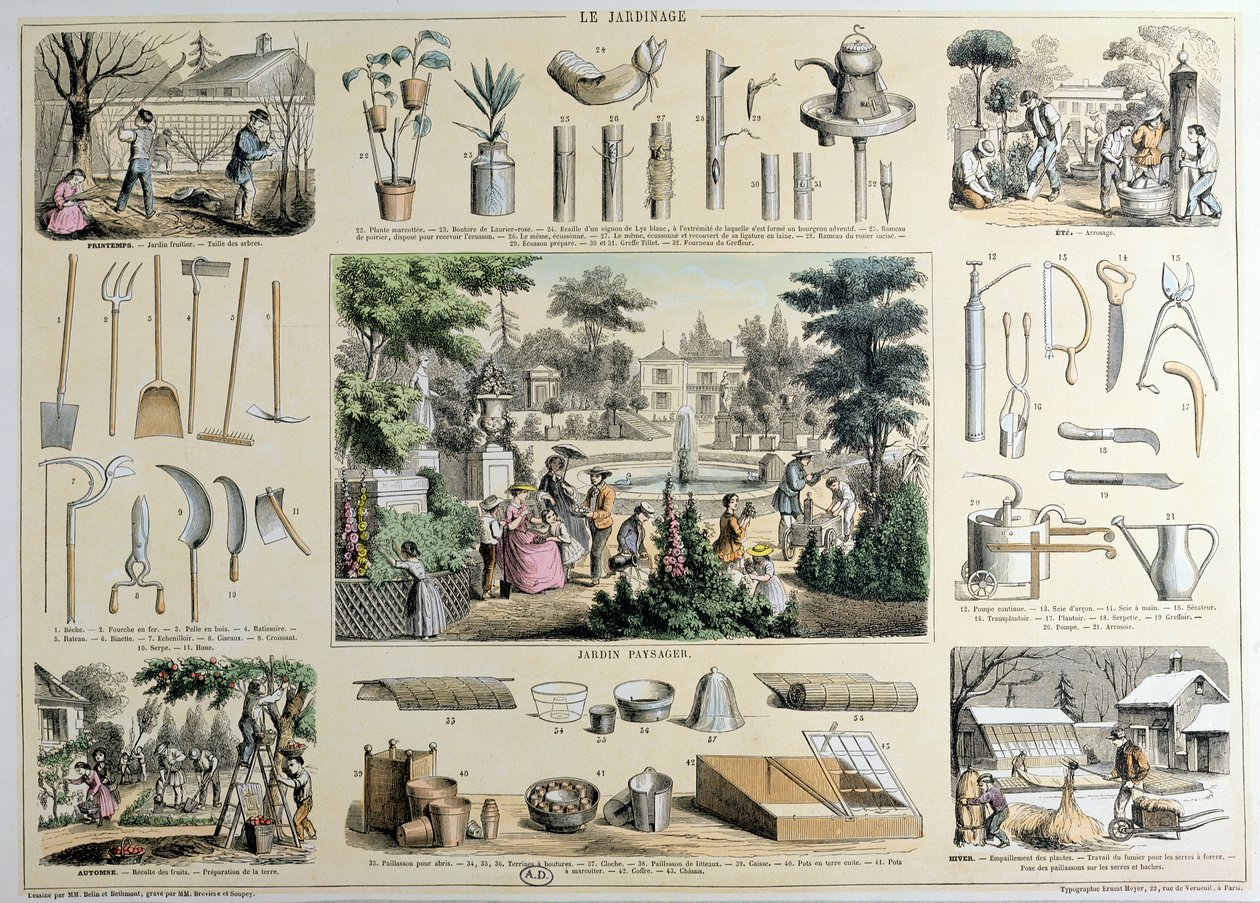 Rappresentazione educativa del giardinaggio, con illustrazioni degli attrezzi da giardino e scene che mostrano le attività appropriate per ogni stagione (incisione a colori) da Belin and Bethmont