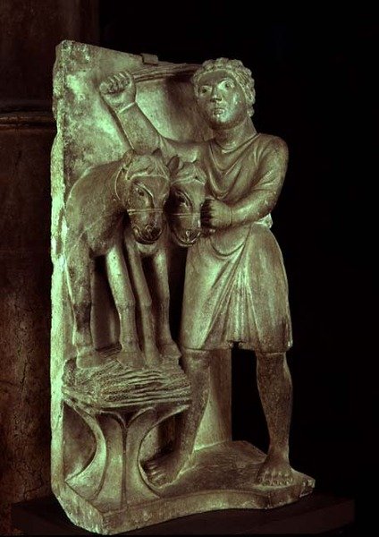 Trebbiatura del grano: luglio da un calendario statuario dei lavori dei mesi, c.1200 da Benedetto Antelami