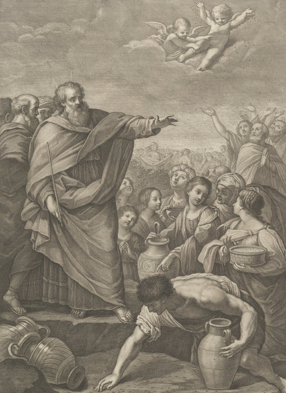 Mosè a sinistra con gli Israeliti che raccolgono la manna mentre cade dal cielo, due angeli sopra, 1776 da Benedetto Eredi