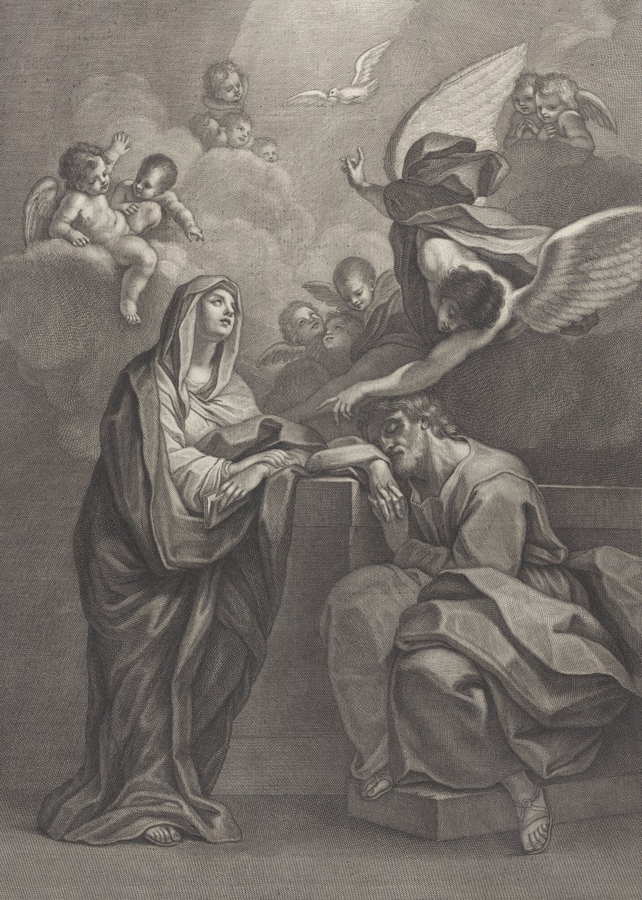 Tavola 6: il sogno di San Giuseppe, con la Vergine Maria a sinistra e un angelo sopra che indica..., 1777 da Benedetto Eredi