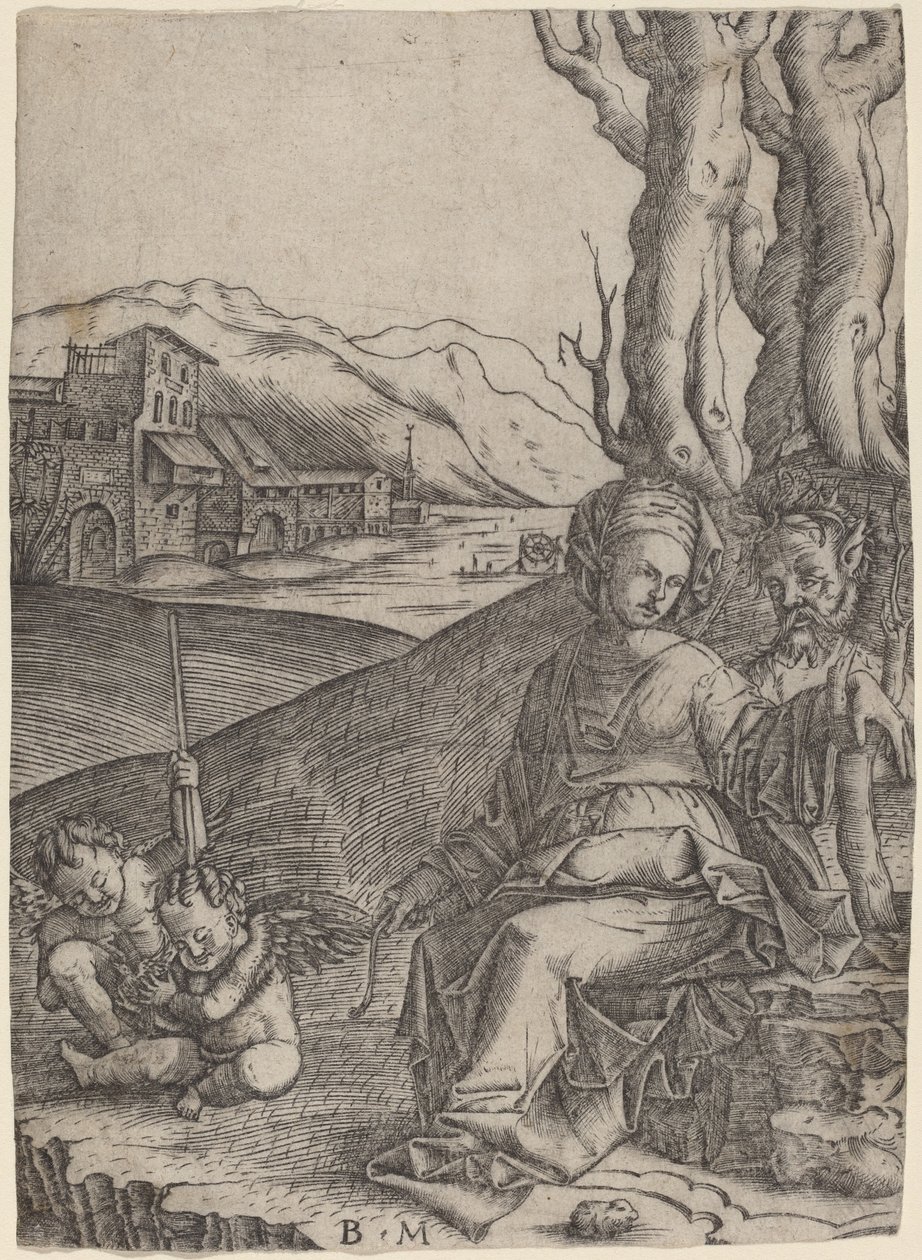 Donna e Satiro con Due Cupidi da Benedetto Montagna