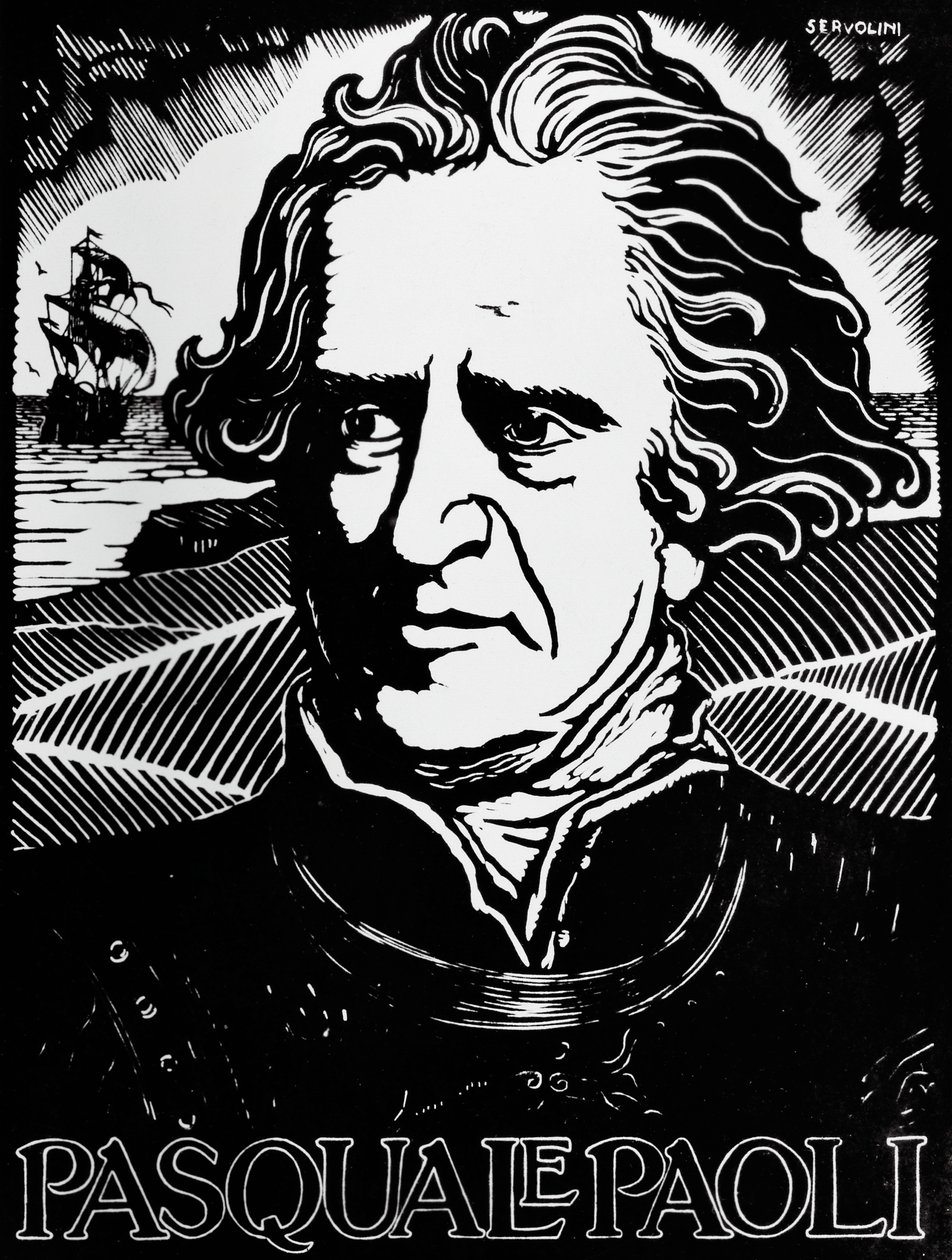 Ritratto di Pasquale Paoli, statista, generale e patriota corso (xilografia) da Benedetto Servolini