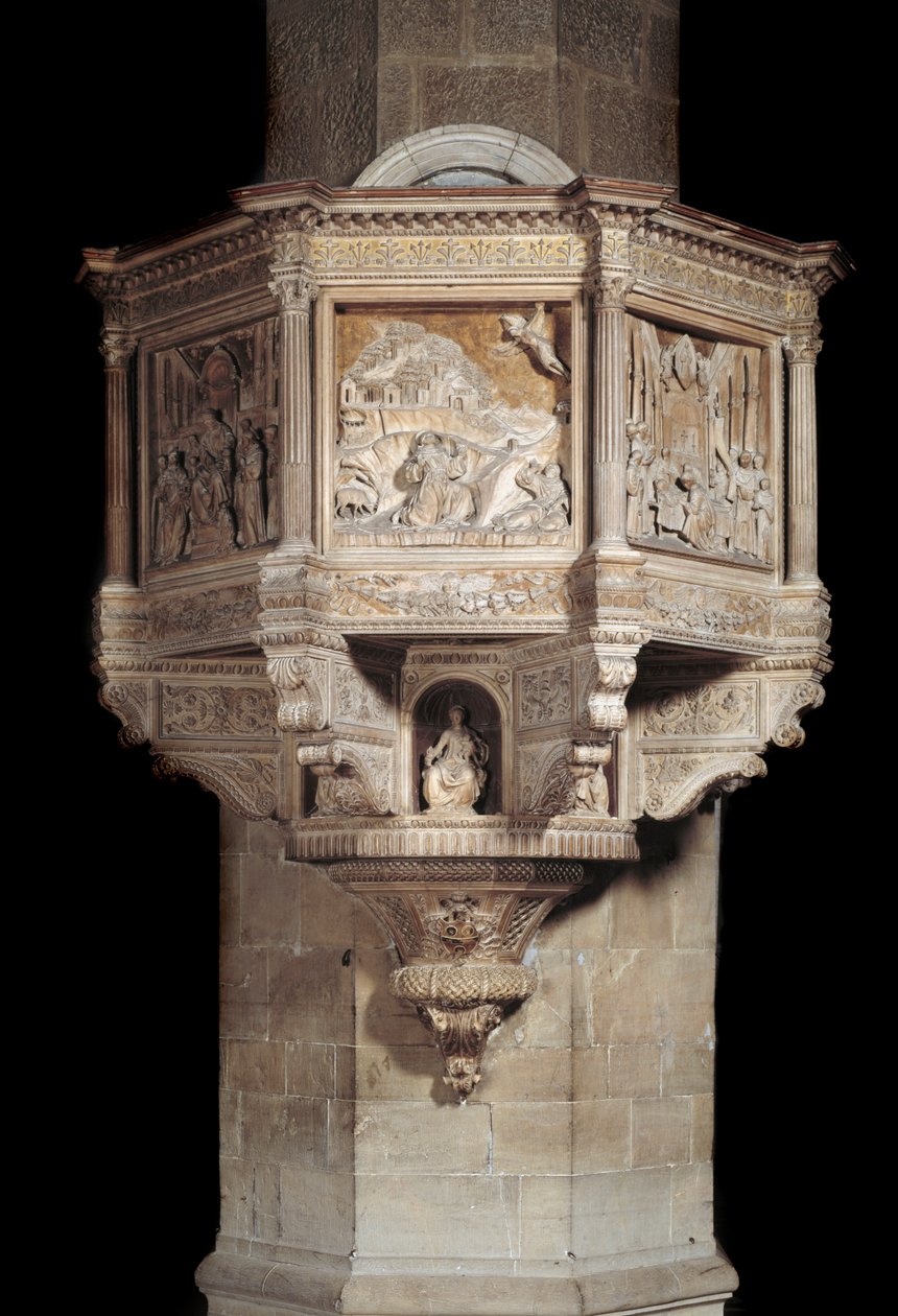 Pulpito in marmo con storia di San Francesco da Benedetto da Maiano