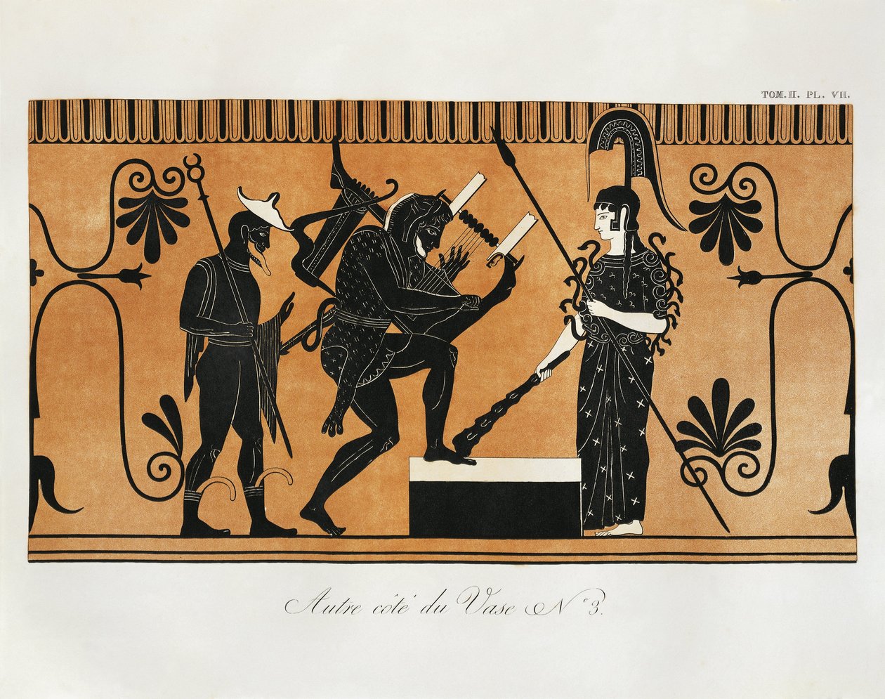 Scena da un antico vaso greco con Eracle che suona la lira davanti ad Atena con Hermes dietro di lui di Piringer (dopo l