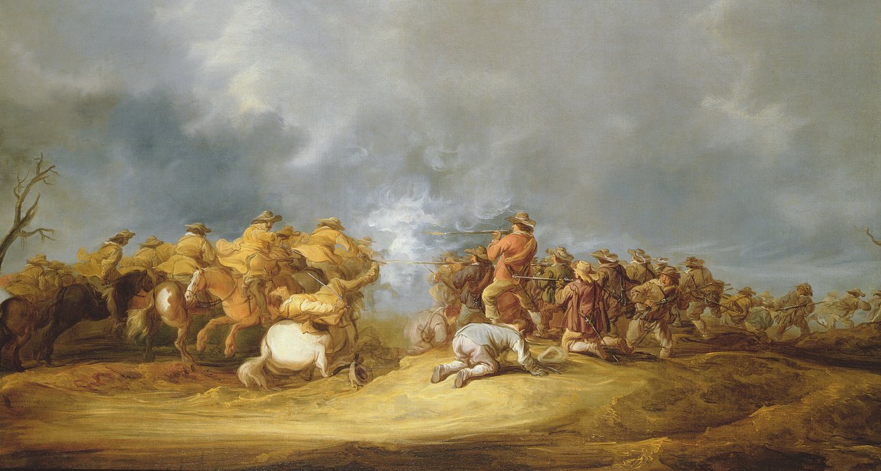 Carica di cavalleria: truppe a cavallo che attaccano un blocco di moschetti da Benjamin Gerritsz. Cuyp