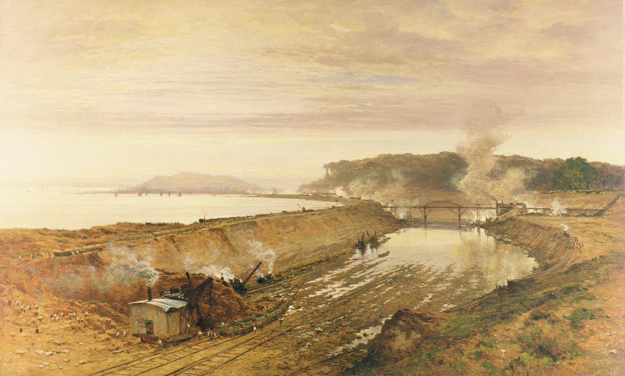 La costruzione della chiusa di Eastham sul canale di Manchester da Benjamin Williams Leader