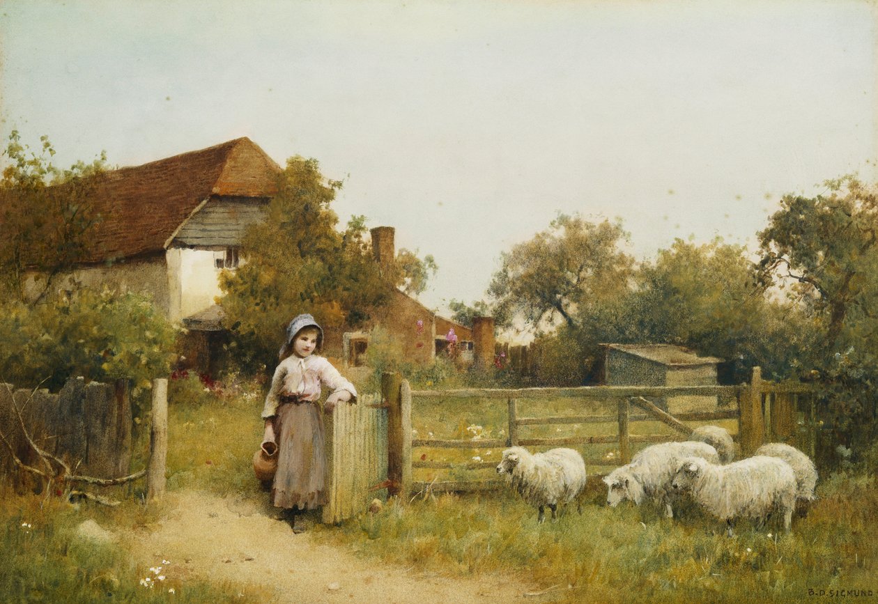 Giovane ragazza con pecore, vicino a un cottage da Benjamin D. Sigmund