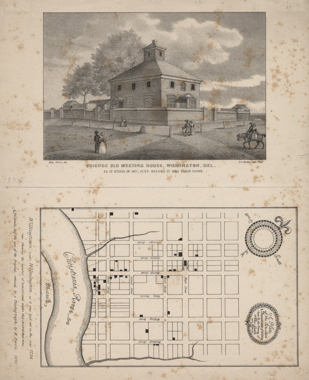 Friends Old Meeting House, Wilmington, Delaware, litografia di P.S. Duval, 1845 da Benjamin Ferris
