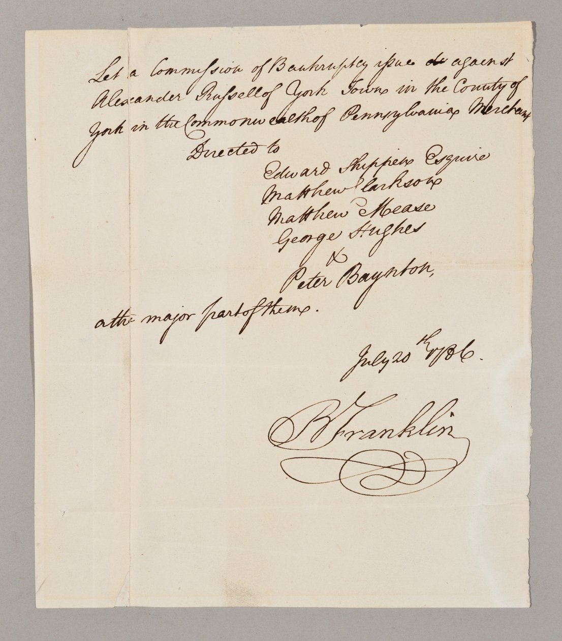 Commissione di bancarotta, 20 luglio 1786 (penna e inchiostro su carta) da Benjamin Franklin
