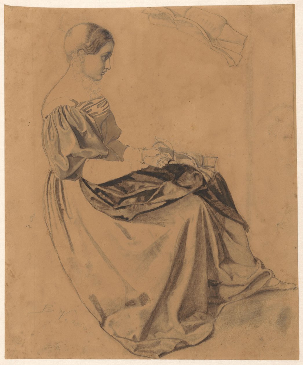 Ragazza seduta con una lettera; la lettera ripetuta in alto da Benjamin Vautier