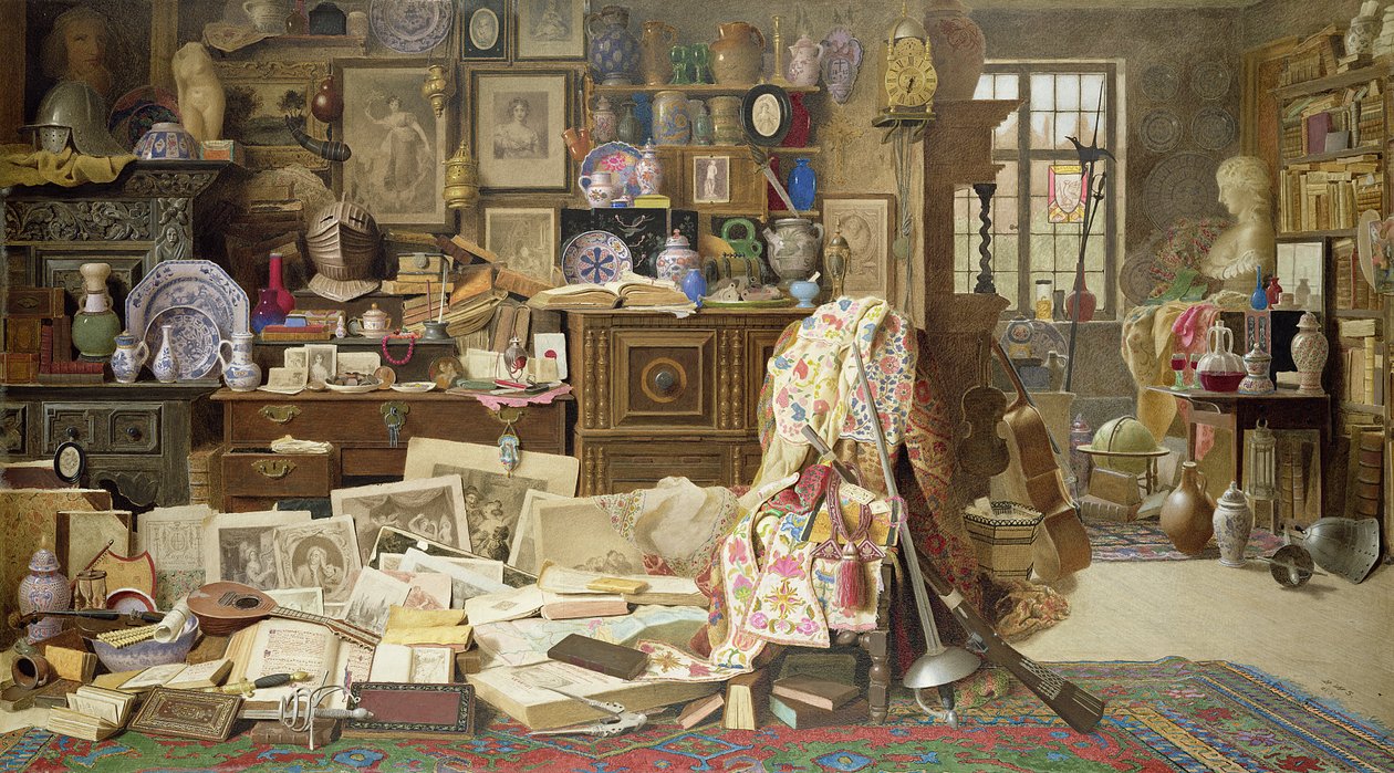 Armature, Stampe, Quadri, Pipe, Cina (Tutte Rotte) Vecchi Tavoli Sgangherati e Sedie con Schienali Rotti da Benjamin Walter Spiers