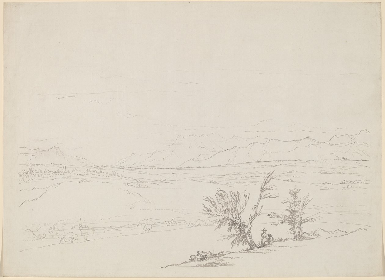 Paesaggio alpino con una coppia seduta vicino agli alberi che guarda una valle da Benjamin West