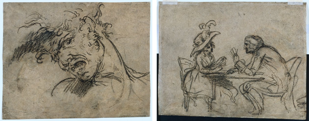 Testa di un uomo che urla (recto) Donna e uomo che giocano a carte (verso) da Benjamin West