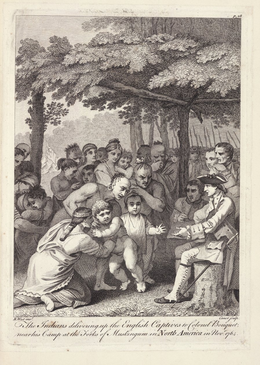 Gli indiani consegnano i prigionieri inglesi al colonnello Bouquet vicino al suo campo ai Forks of Muskingham in Nord America nel novembre 1764 da Benjamin West