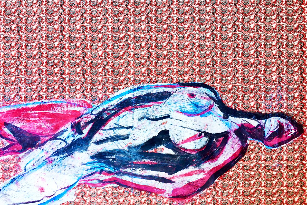Autoritratto giapponese 2, 2020 (acrilico su carta giapponese serigrafata) da Benoit Erwann Boucherot