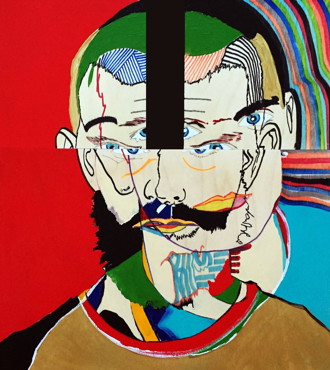 Surportrait : Mathieu Leroux, 2021 (olio e acrilico su 3 pannelli di legno giustapposti) da Benoit Erwann Boucherot