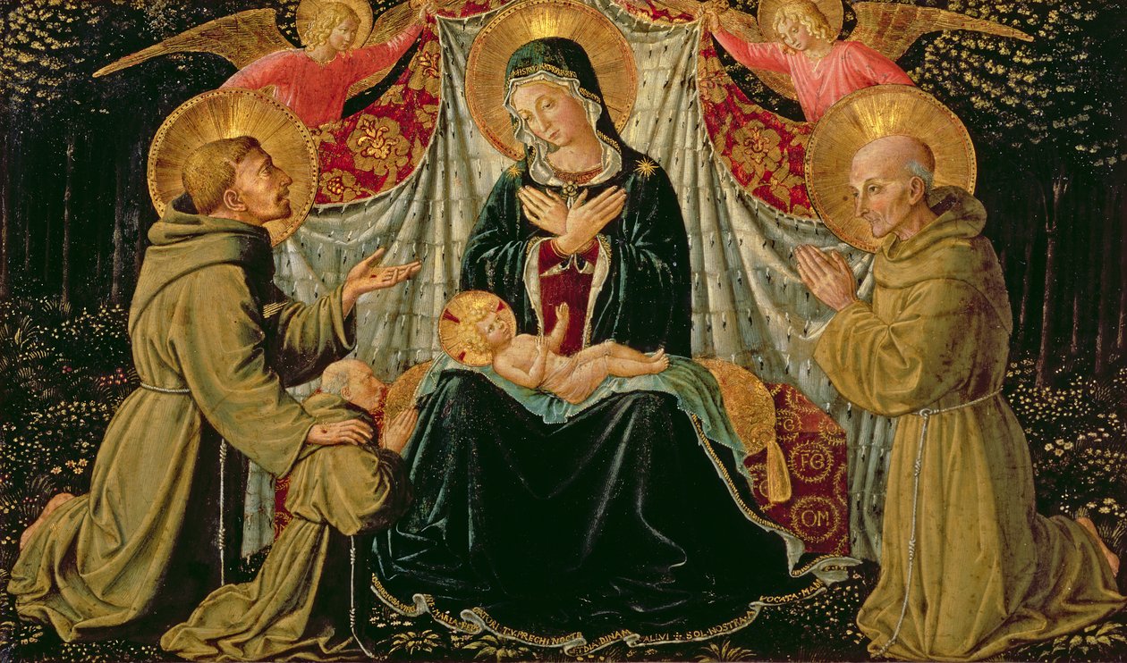 Madonna col Bambino con San Francesco e il donatore Fra Jacopo da Montefalco (sinistra) e San Bernardino da Siena (destra), c.1452 (pannello) da Benozzo di Lese di Sandro Gozzoli