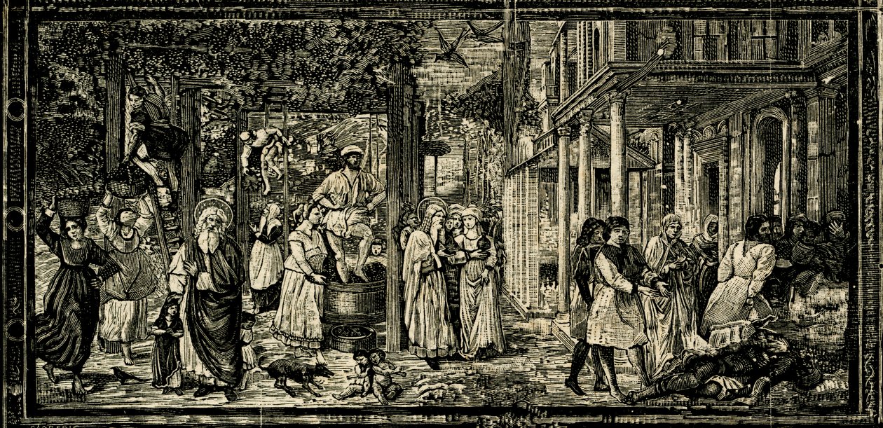 Vendemmia e ubriachezza di Noè, affresco di Benozzo Gozzoli, Camposanto Monumentale, Pisa, Toscana, Italia, xilografia da Le cento città d