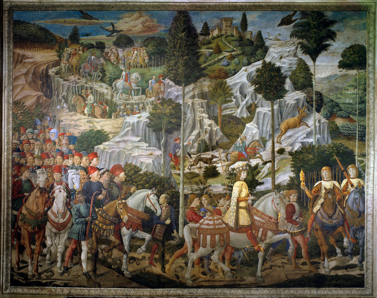 Il viaggio dei Magi. Corteo dei Magi da Gerusalemme a Betlemme chiamato “Viaggio dei Magi” o “Cavalcata dei Magi” in italiano. Dettaglio del paesaggio. Affresco della parete est della Cappella dei Magi di Benozzo Gozzoli (1421-1497) da Benozzo di Lese di Sandro Gozzoli