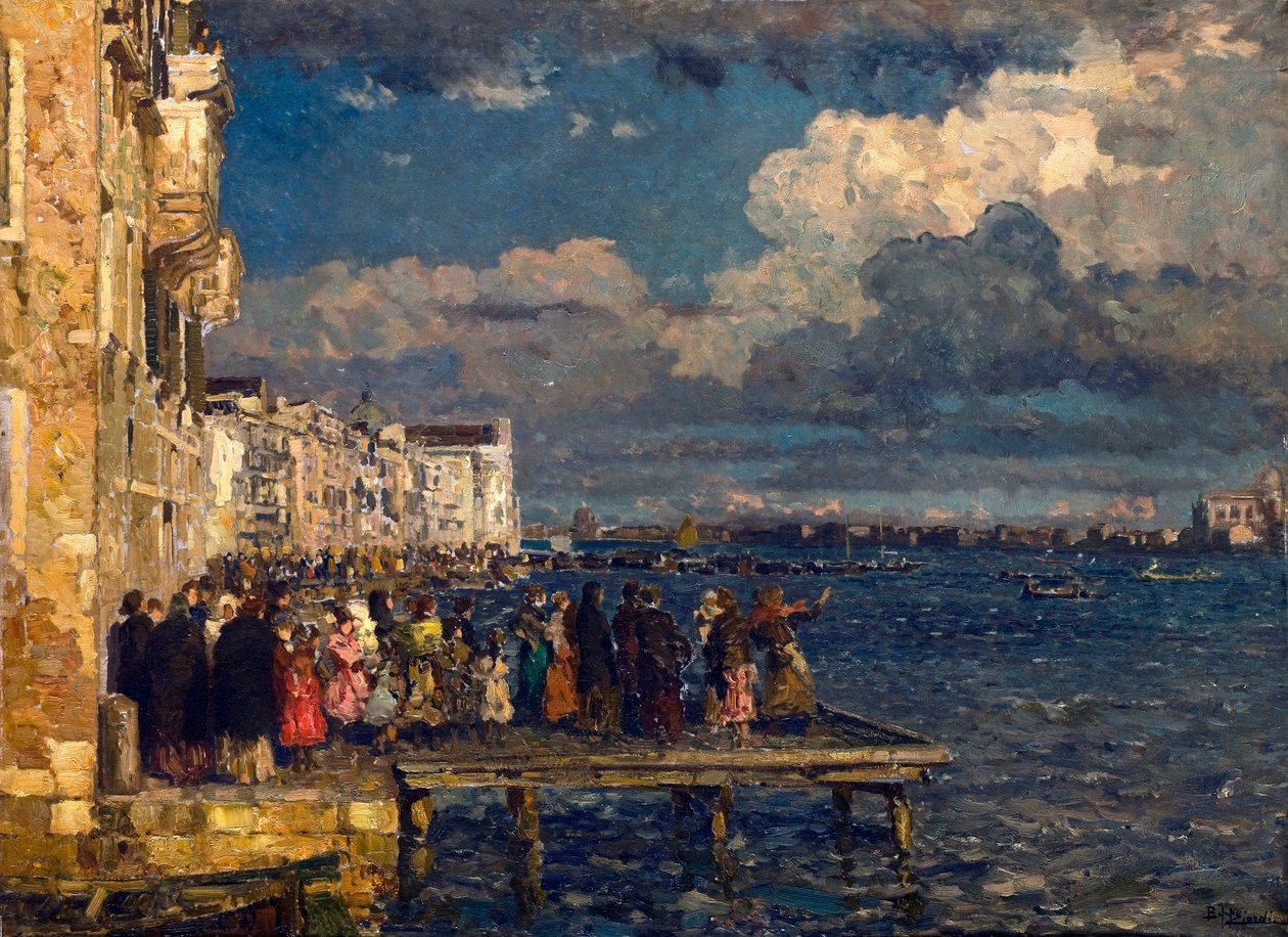 Preparazione della Festa del Redentore a Venezia, dipinto di Beppe Ciardi (1875-1932) 1910-1915 Collezione privata da Beppe Ciardi