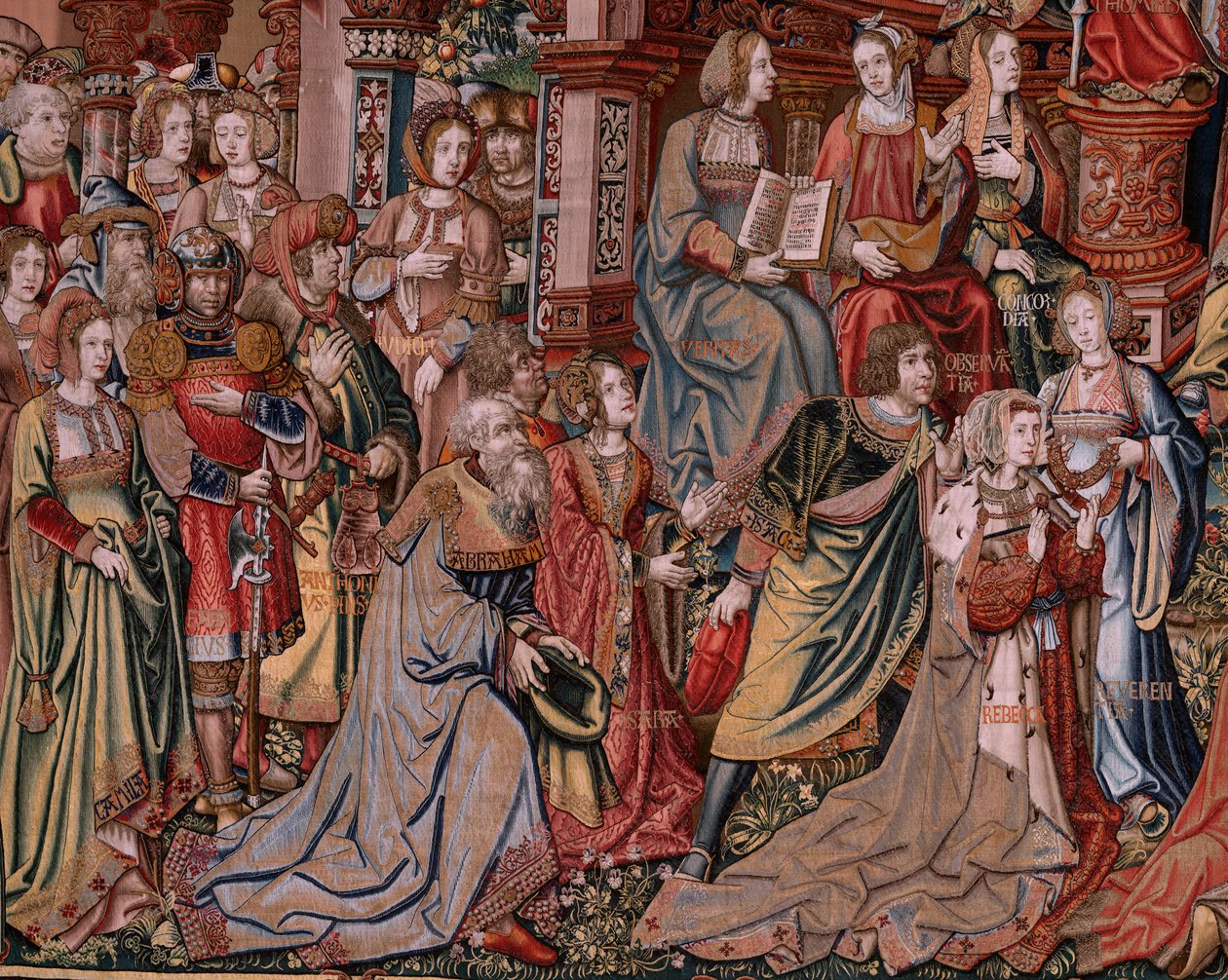 Arazzo fiammingo. Serie Gli Onori. Giustizia. Nono arazzo della serie. Modellisti del circolo di Bernard van Orley e Jan Gossaert (Mabuse). Manifattura Pieter van Aelst, Bruxelles. Ca 1550. Tessuto oro, argento da Bernaert van (circle of) Orley
