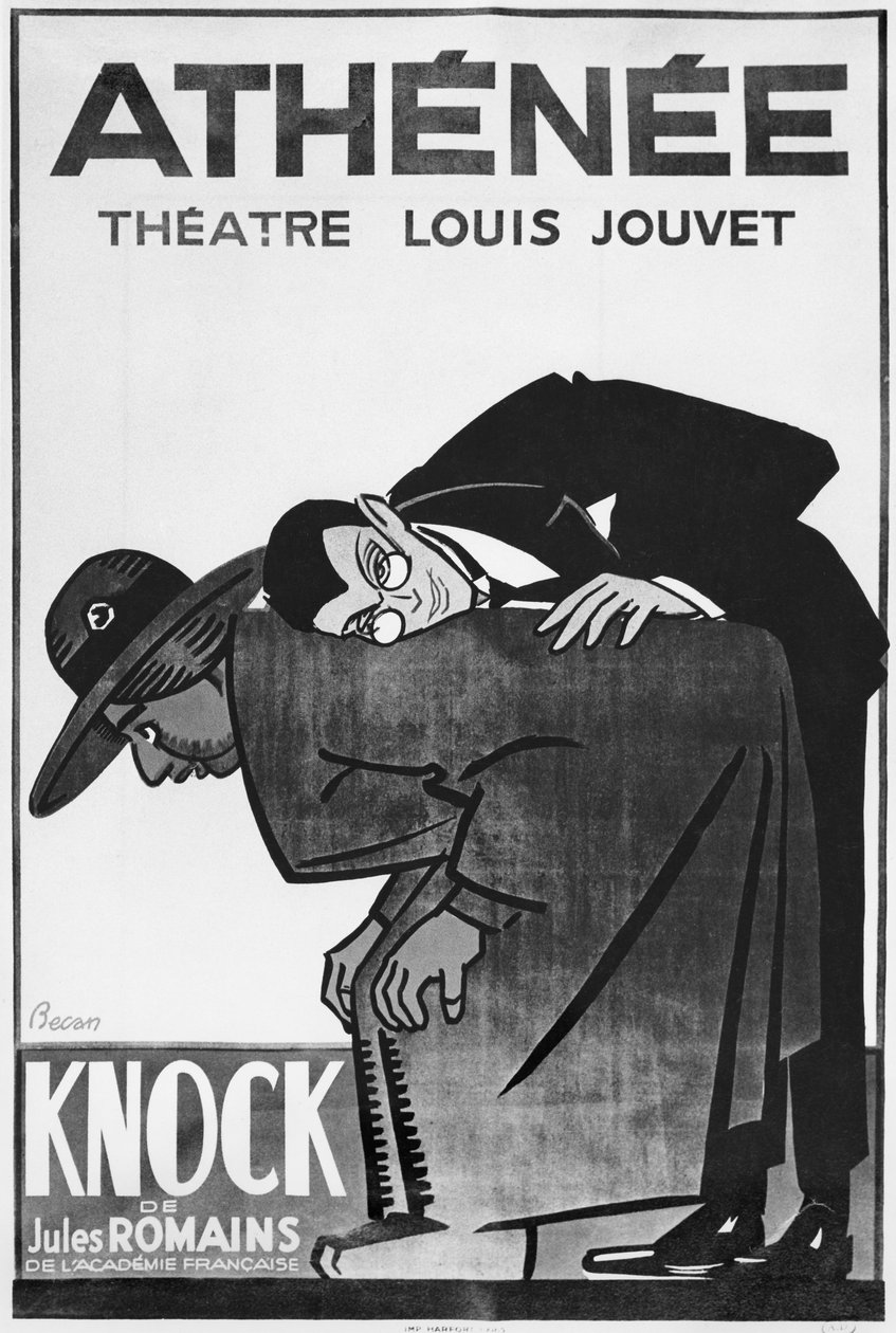 Poster pubblicitario di una rappresentazione di Knock o il trionfo della medicina di Jules Romains (1885-1972) al Theatre Athenee da Bernard Becan