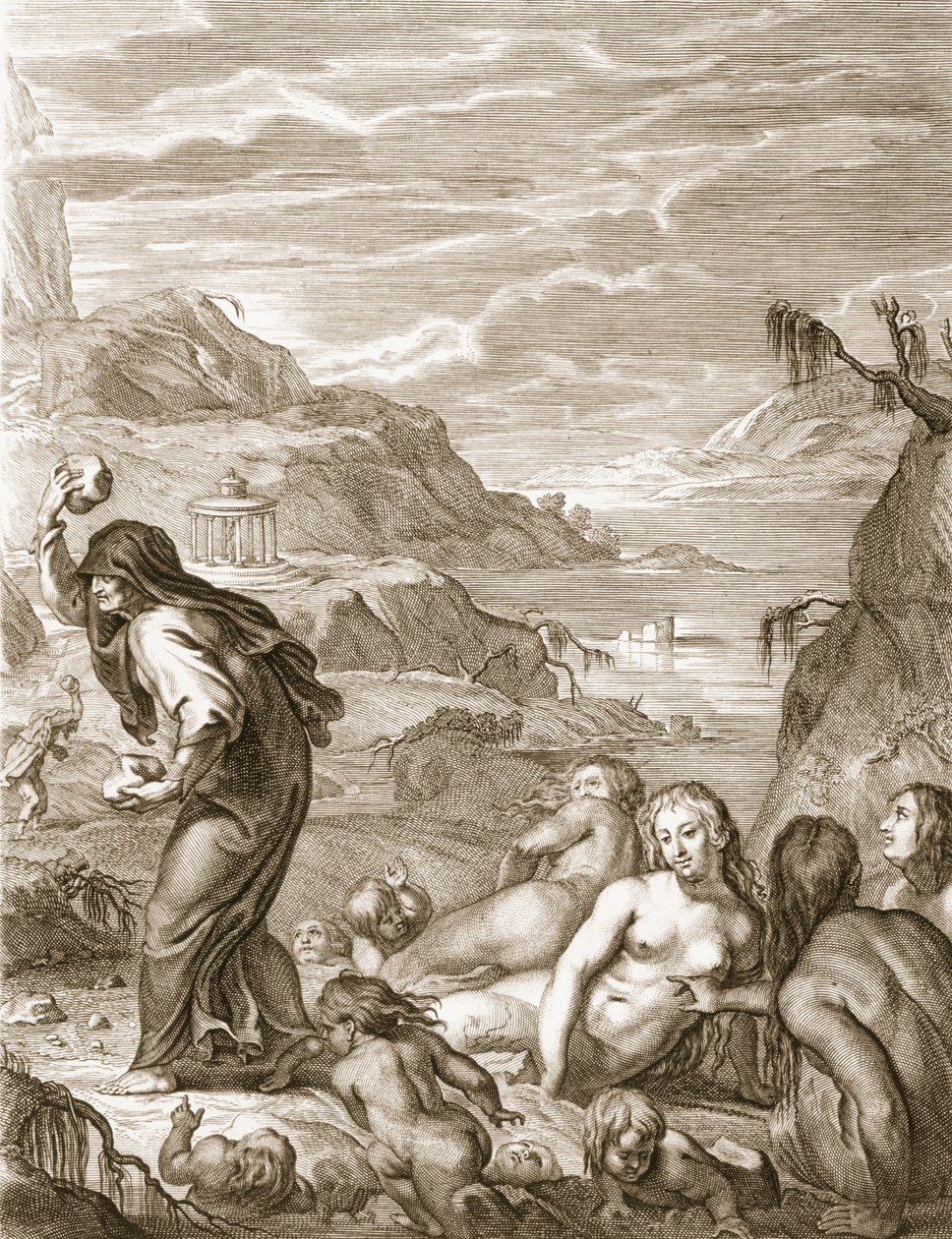 Deucalione e Pirra ripopolano il mondo gettando pietre dietro di loro, 1731 da Bernard Picart