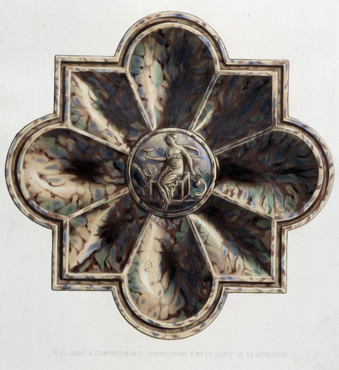 Piatto jaspé con compartimenti - Piatto ceramico, in "The work of Bernard Palissy" di C. Delange e C. Borneman, Parigi da Bernard (after) Palissy