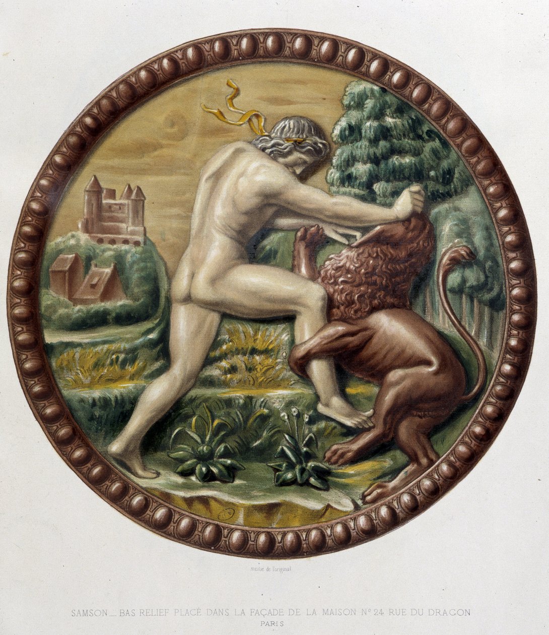 Sansone combatte il leone - bassorilievo in ceramica, in "The work of Bernard Palissy" di C. Delange e C. Borneman, Parigi da Bernard (after) Palissy