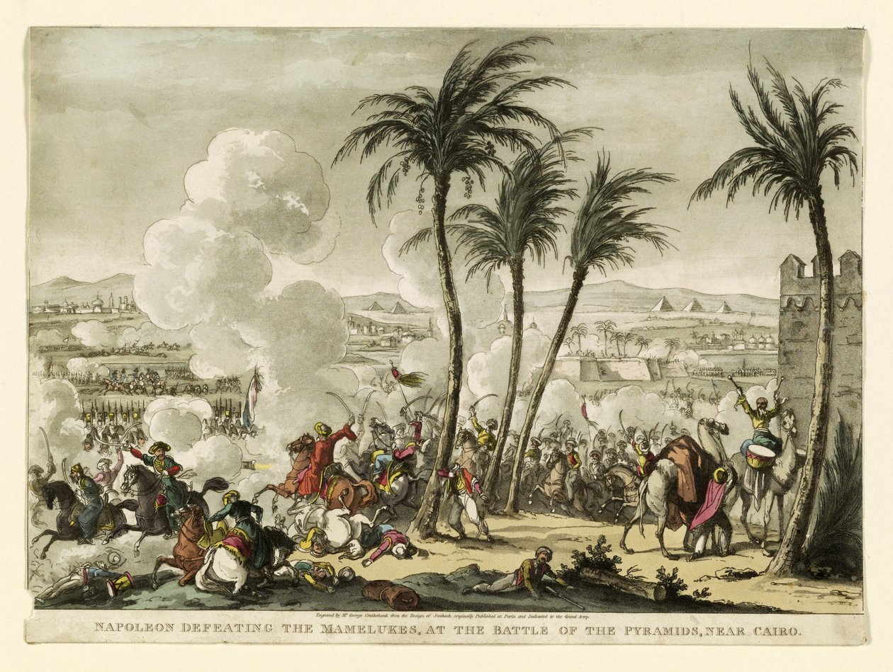Napoleone sconfigge i Mamelucchi alla Battaglia delle Piramidi, vicino al Cairo, inciso da George Cruikshank, pub. 1823 da Bernard Edouard Swebach