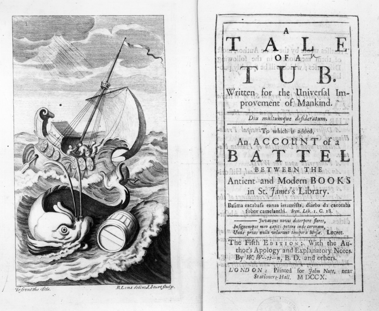 Frontespizio e pagina del titolo di A Tale of a Tub di Jonathan Swift, inciso da John Sturt, 1704 da Bernard II Lens