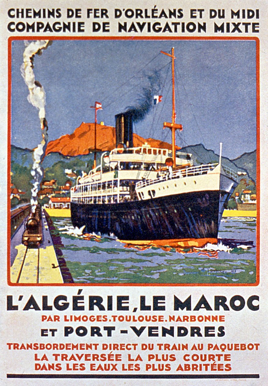 Manifesto pubblicitario della ferrovia francese diretta in Algeria e Marocco dalla Francia via Limoges, Tolosa, Narbonne e Port Vendres, 1900 ca. da Bernard Lachevre