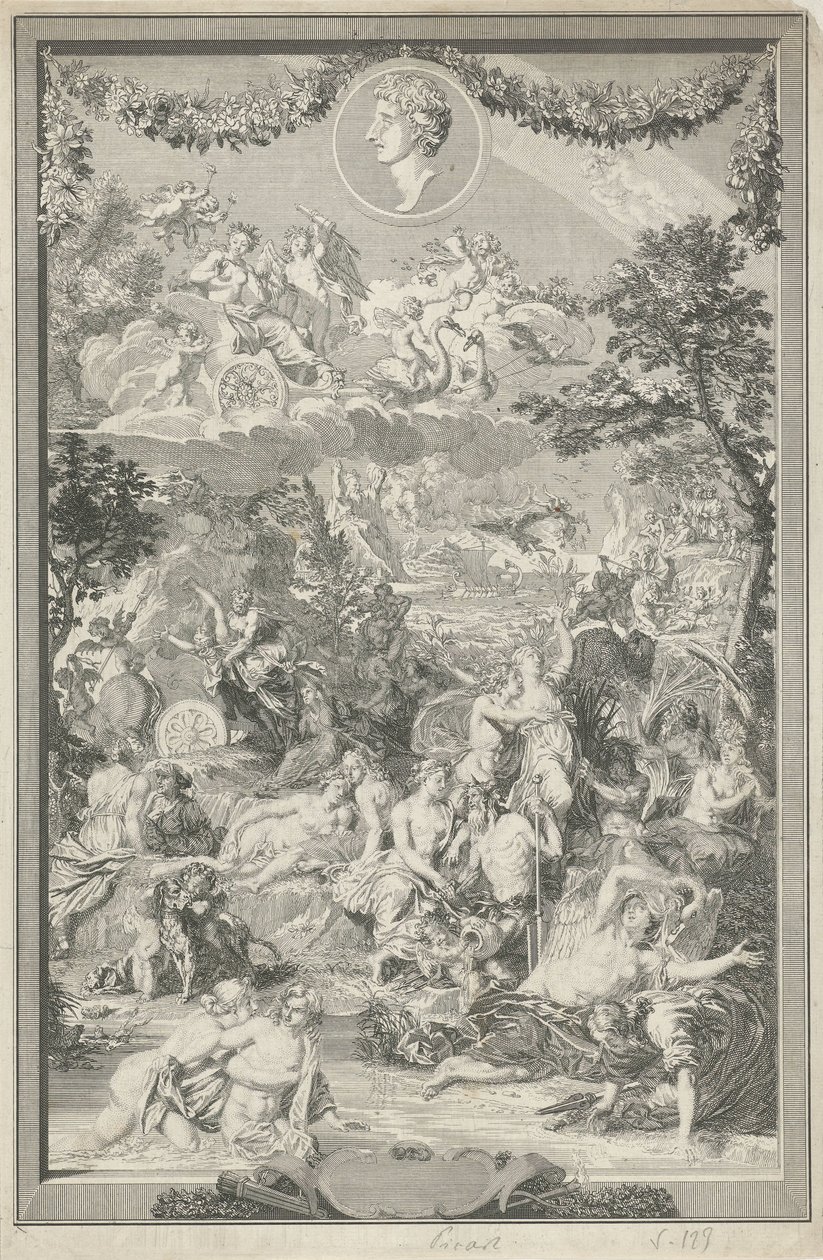 Pagina del titolo allegorica con varie scene dalle Metamorfosi di Ovidio e il suo ritratto da Bernard Picart