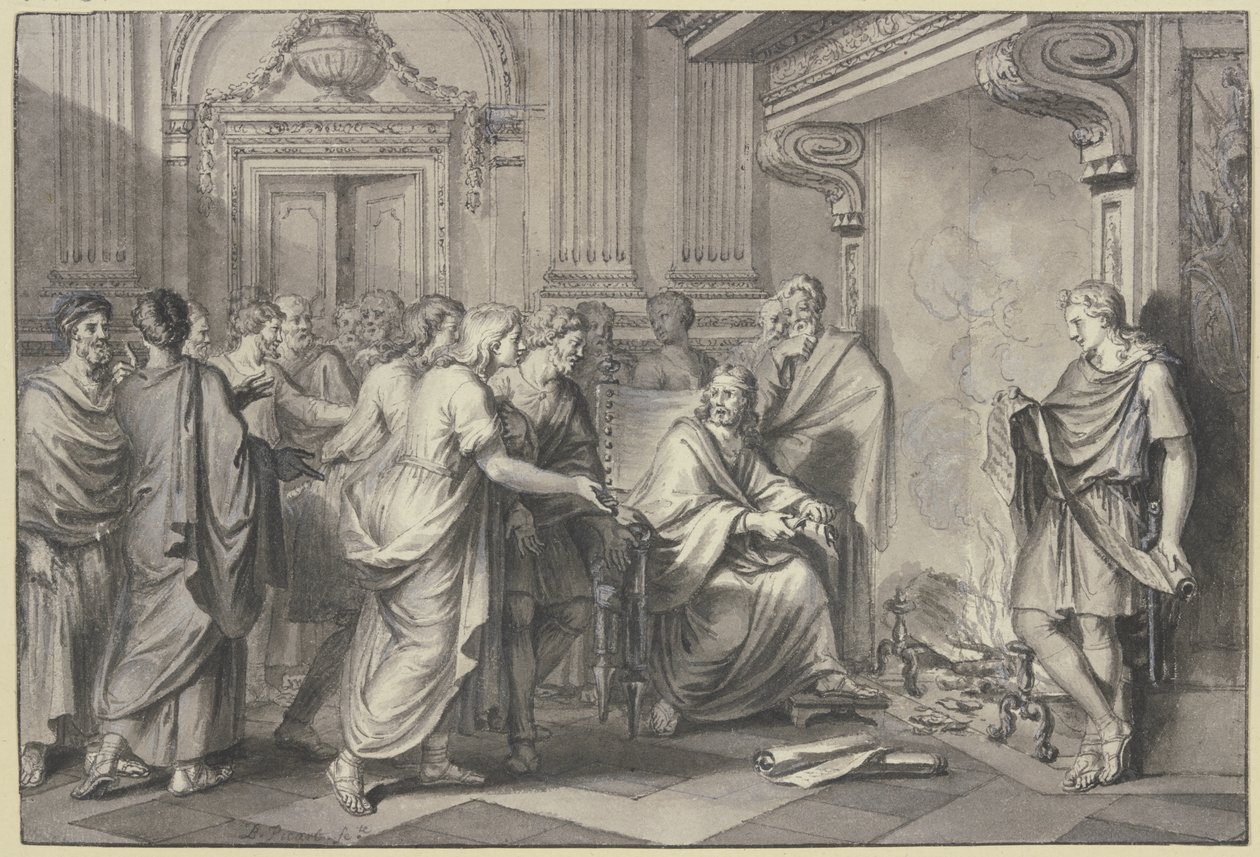 Un romano getta rotoli di carta nel fuoco alla presenza di molte persone da Bernard Picart